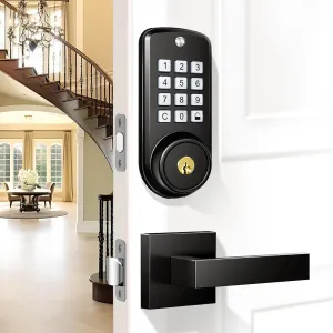 Keyless Entry Door Lock with 2 Lever Handles, Electronic Keypad Deadbolt, Auto-Locking, Anti-Peeping Password, Front Door Handle Sets, Easy Installation Design, Matte Black