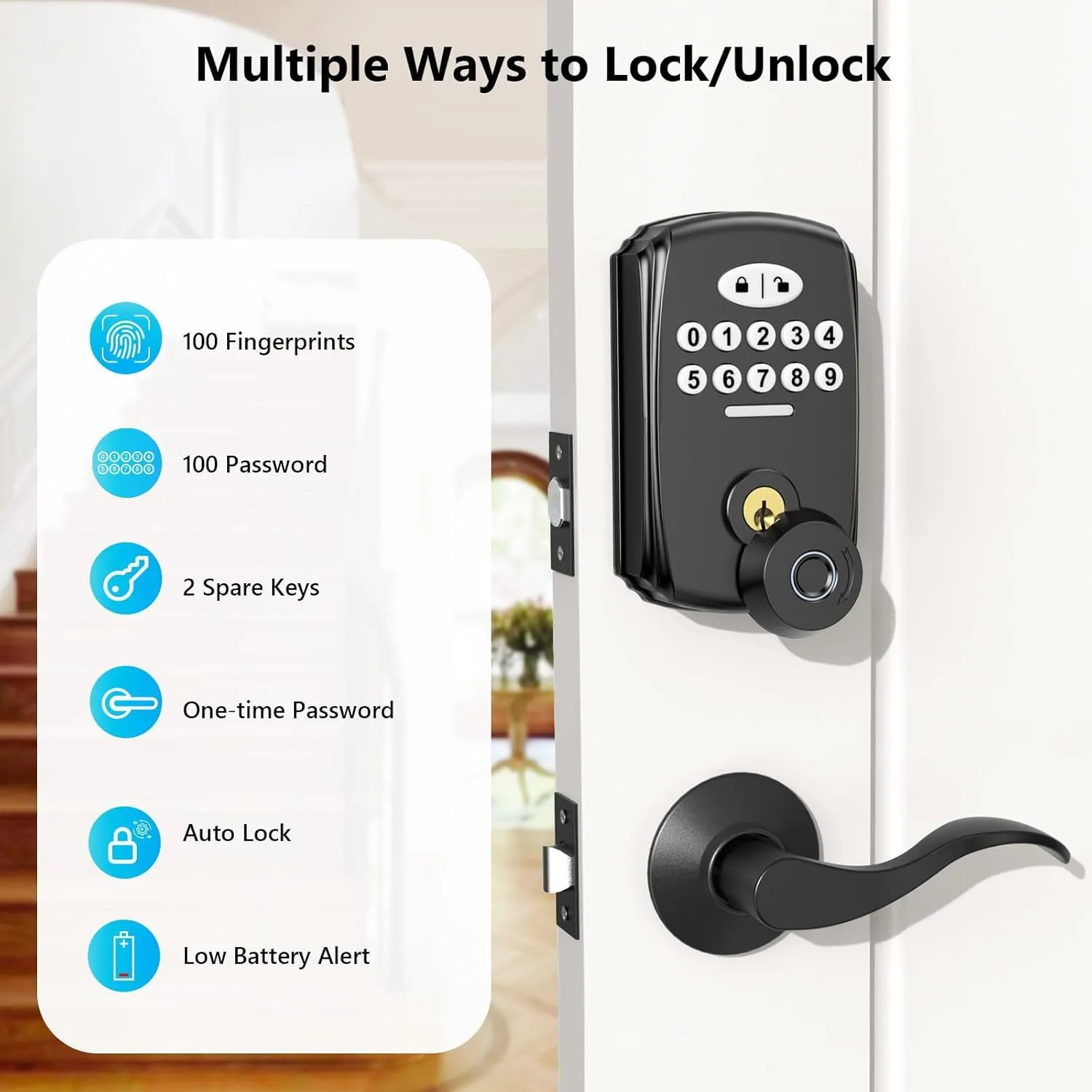 Keyless Entry Fingerprint Door Lock with 2 Lever Handles - PHYSEN Smart Deadbolt Set for Front Door - Electronic Digital Keypad Lock - Biometric- Auto Lock - Easy Installation - Matte Black