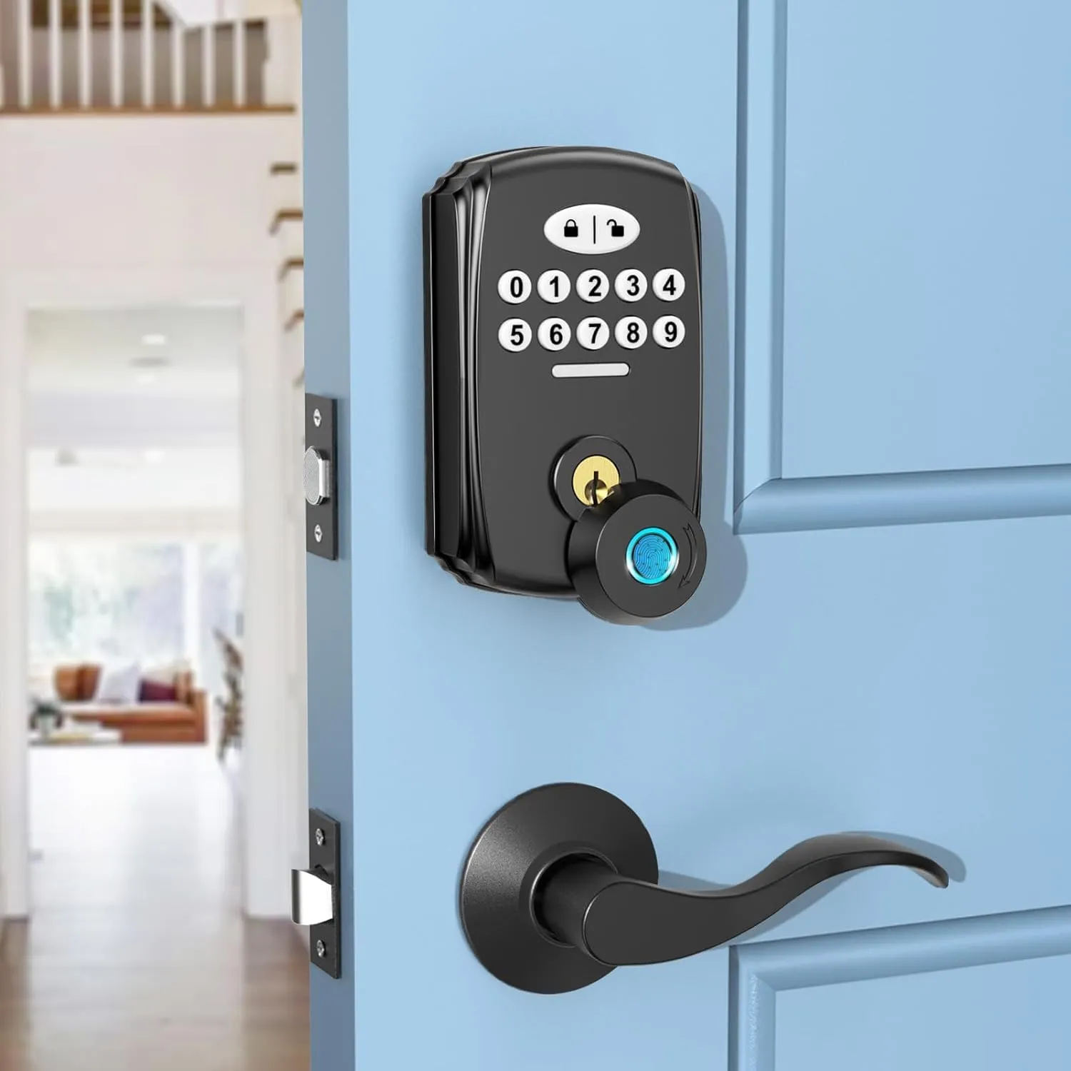 Keyless Entry Fingerprint Door Lock with 2 Lever Handles - PHYSEN Smart Deadbolt Set for Front Door - Electronic Digital Keypad Lock - Biometric- Auto Lock - Easy Installation - Matte Black