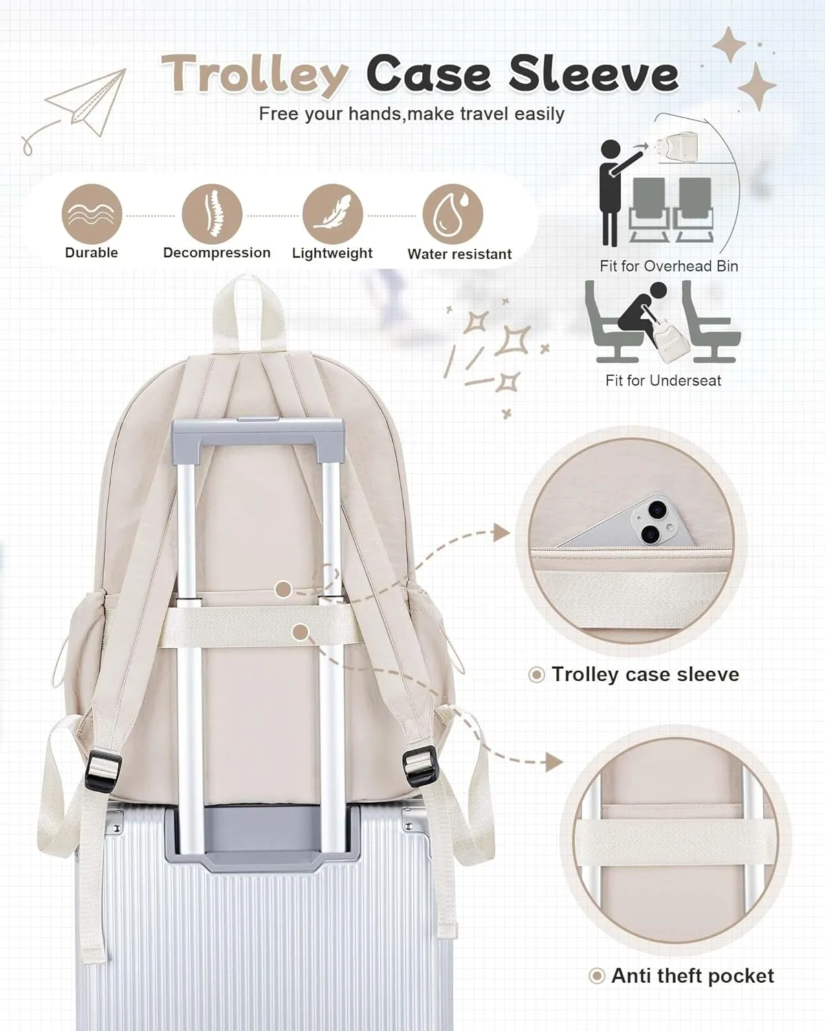Khaki Lightweight Basic Backpack for High School,College Bookbag for Womens,Travel Laptop Backpacks for Teen Girls,School Bag Casual Daypack