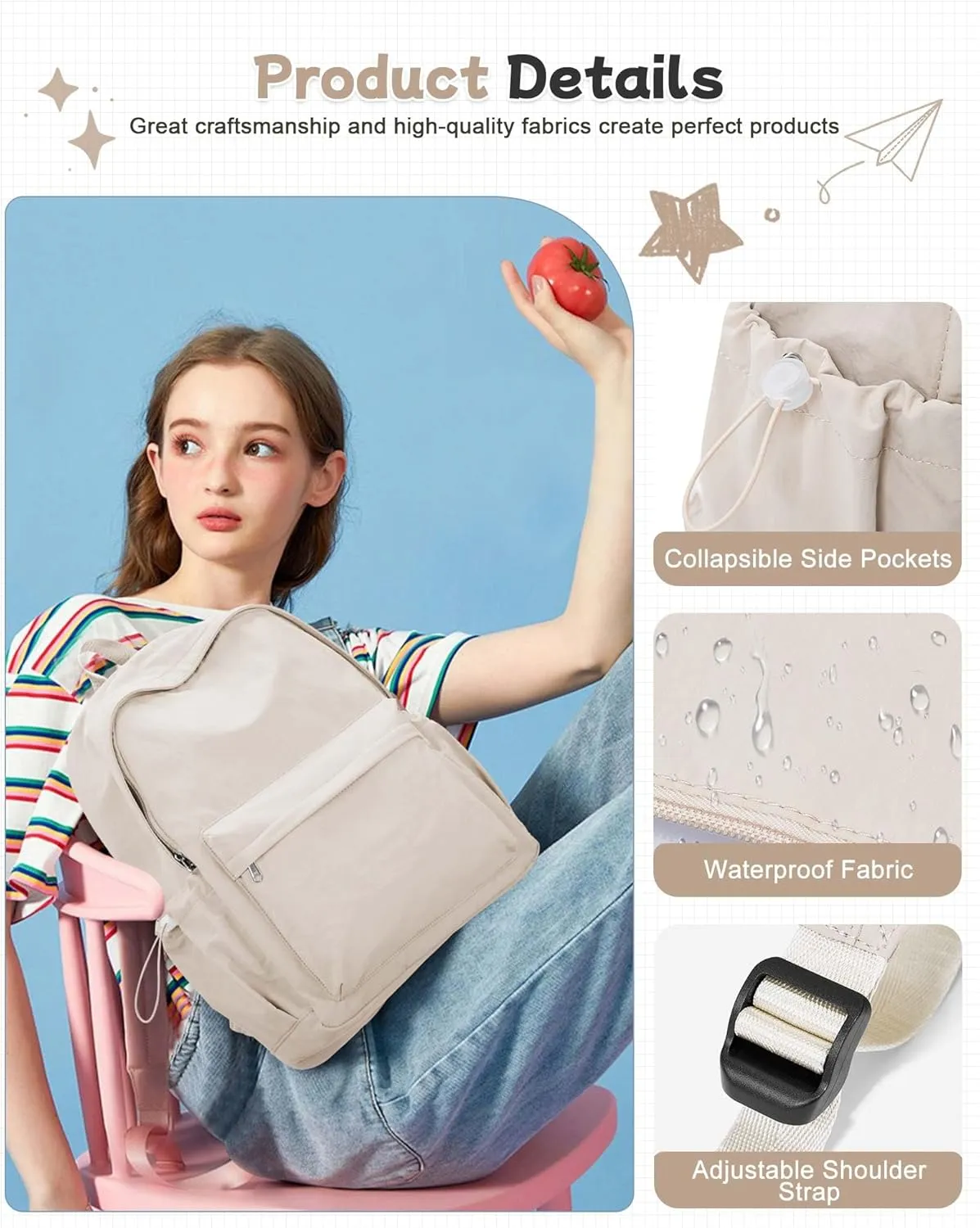 Khaki Lightweight Basic Backpack for High School,College Bookbag for Womens,Travel Laptop Backpacks for Teen Girls,School Bag Casual Daypack
