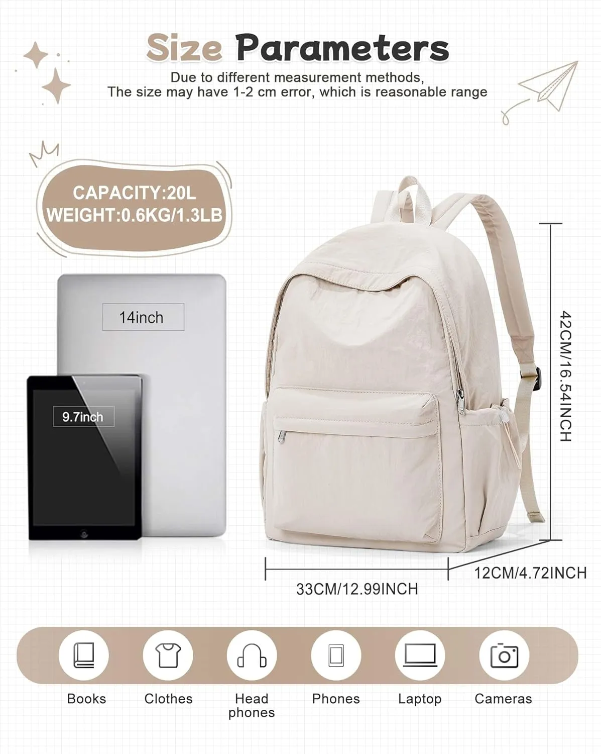 Khaki Lightweight Basic Backpack for High School,College Bookbag for Womens,Travel Laptop Backpacks for Teen Girls,School Bag Casual Daypack