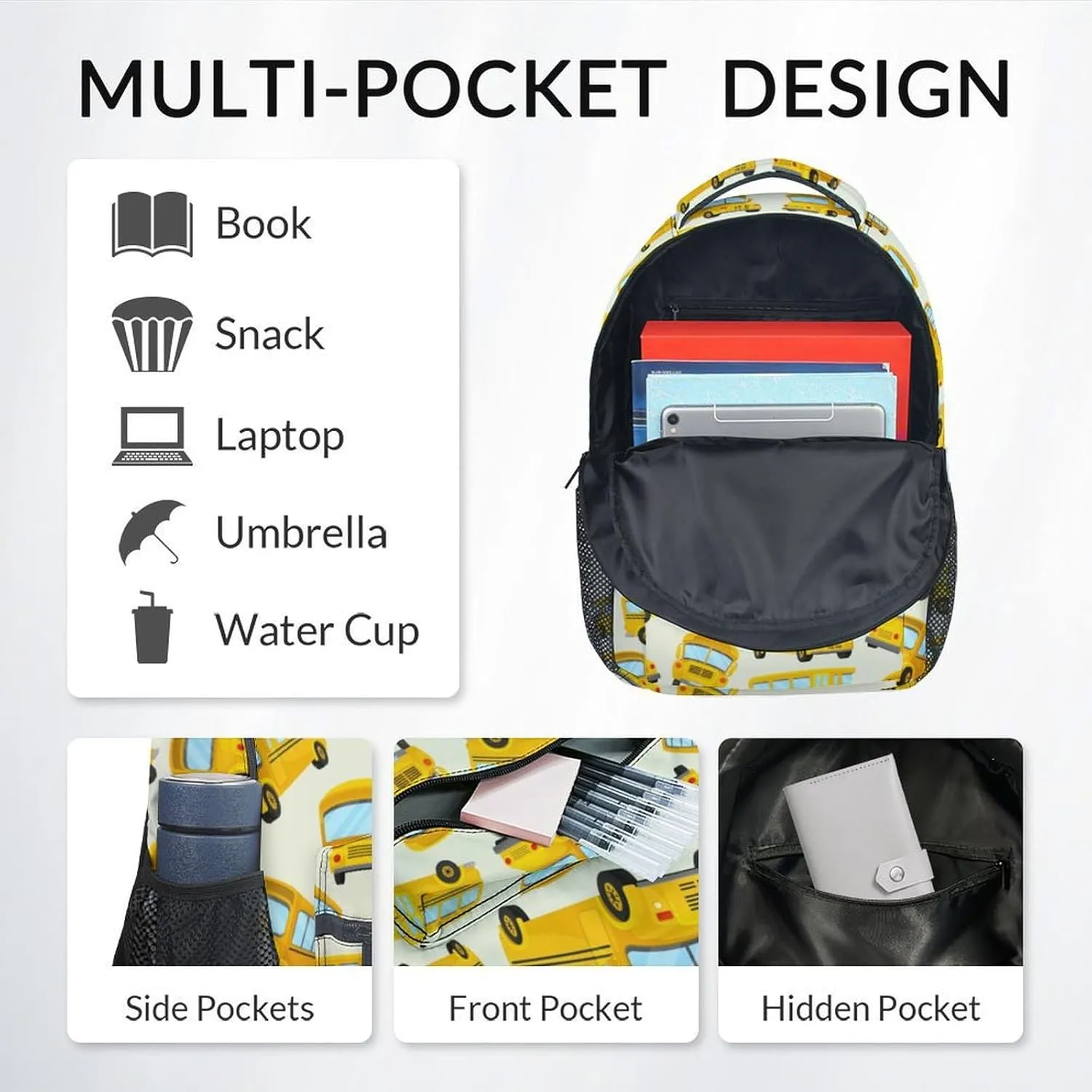 Kids Backpack School Bookbags, School Bus Backpack for Boys Girls Ages 6-12, 17 Inch School Backpacks for Primary, Cute Car Bookbag with Adjustable Straps, Yellow