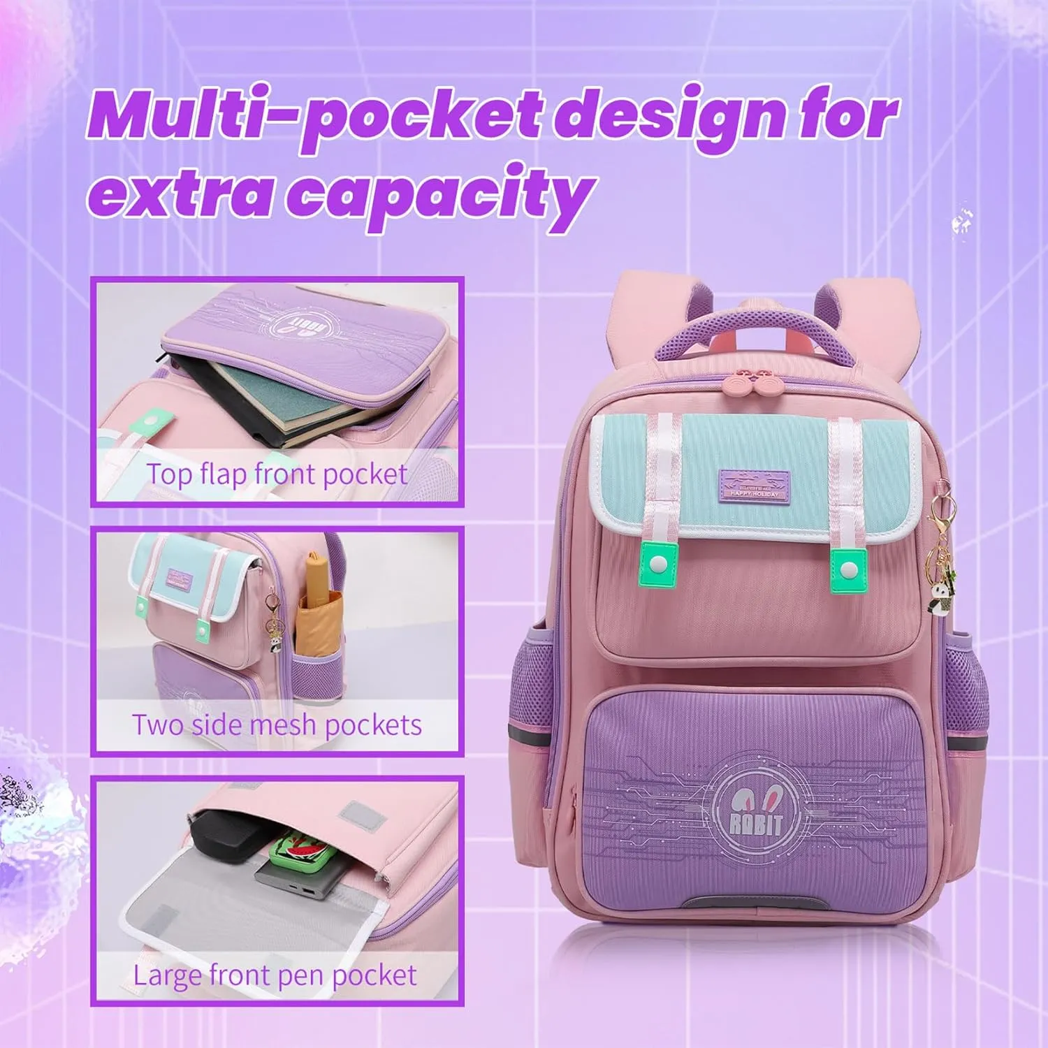 Kids Backpacks for Girls, Backpack for Elementary School Book Bags with Keychains Kawaii Travel Daypack Ages 6-8 (School Bag Khaki)