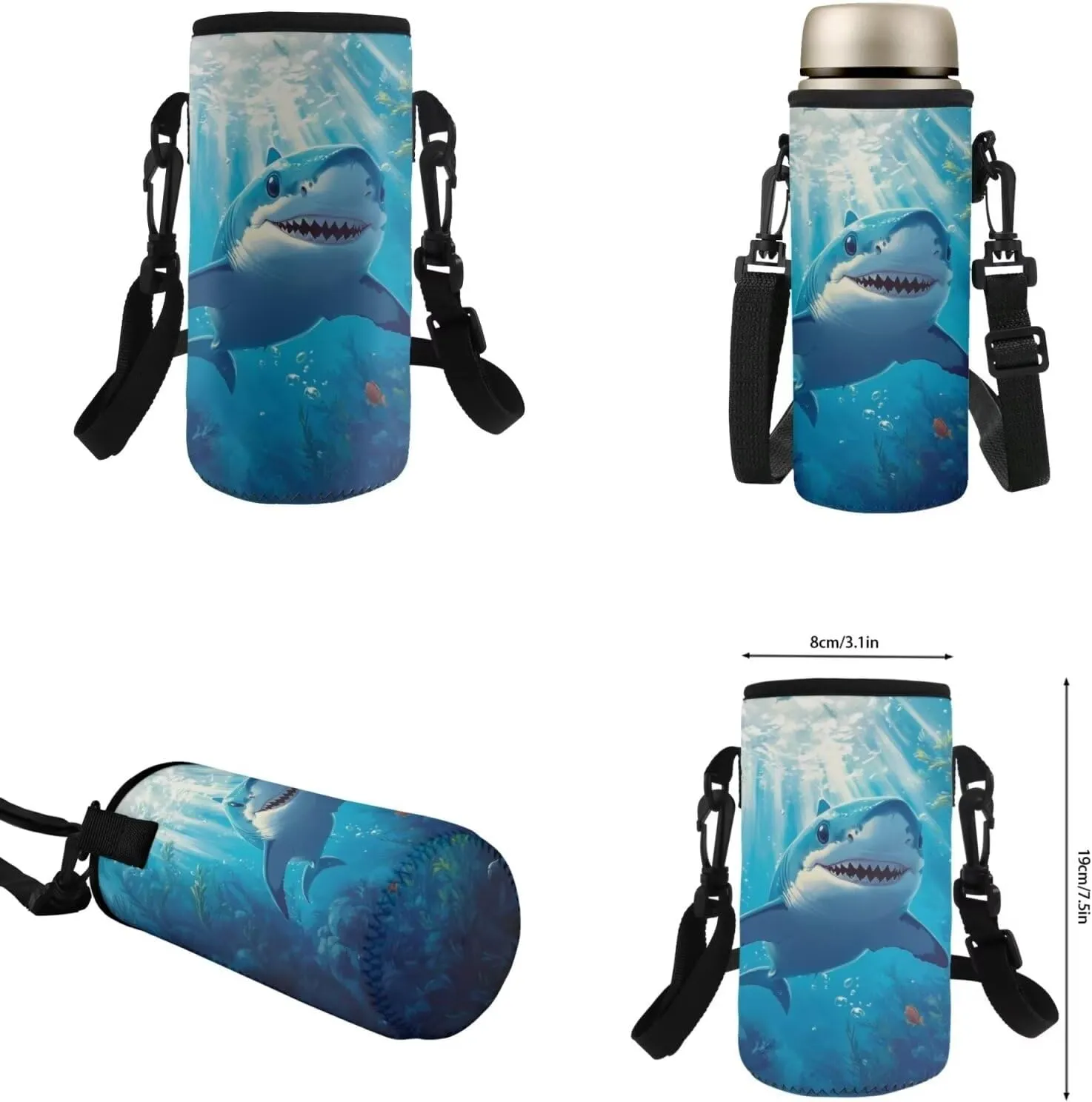 Kids Blue Shark Backpack Set 4Pcs with Lunch Bag Teenager Boys School Backpack Set with Insulated Water Bottle and Water Bottle Holder for Elementary Middle School Bag Satchel Rucksack