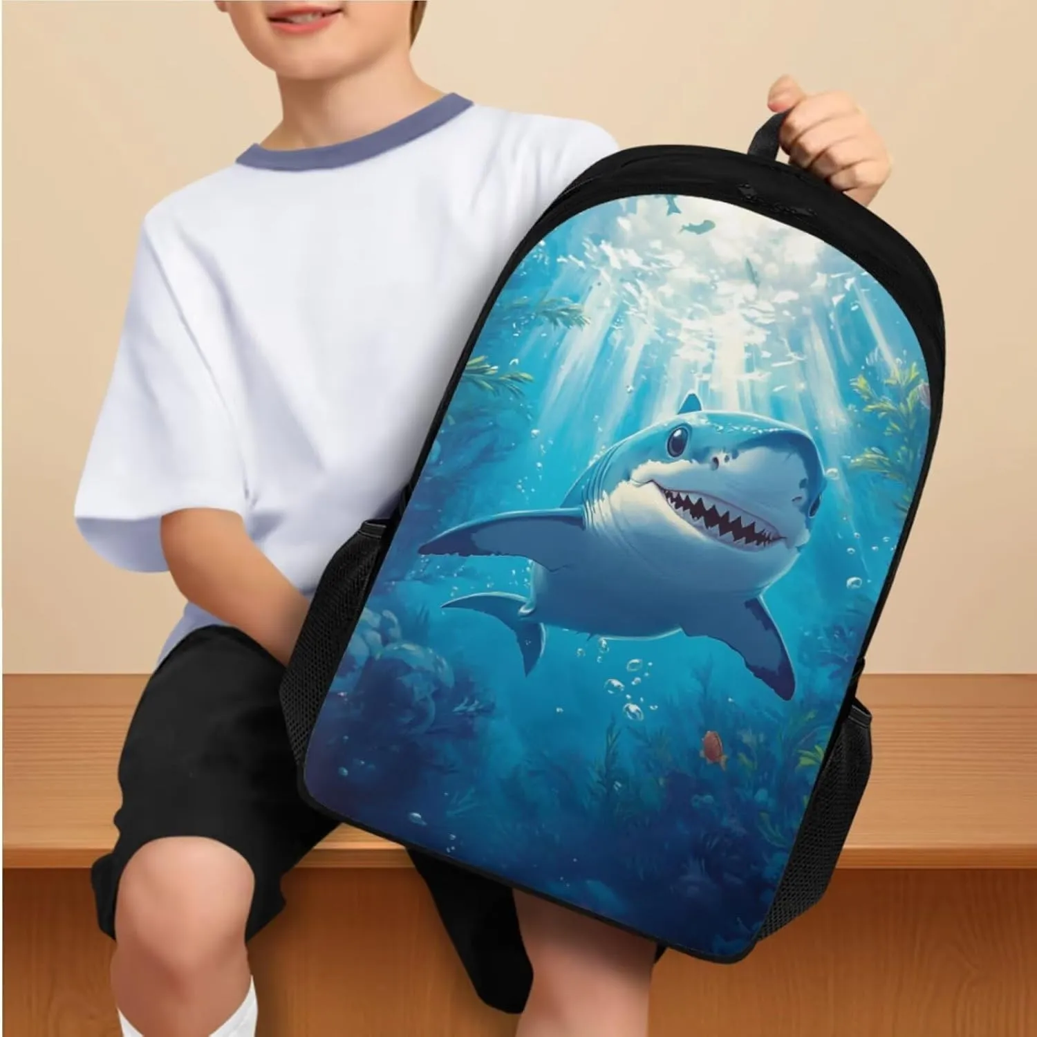 Kids Blue Shark Backpack Set 4Pcs with Lunch Bag Teenager Boys School Backpack Set with Insulated Water Bottle and Water Bottle Holder for Elementary Middle School Bag Satchel Rucksack