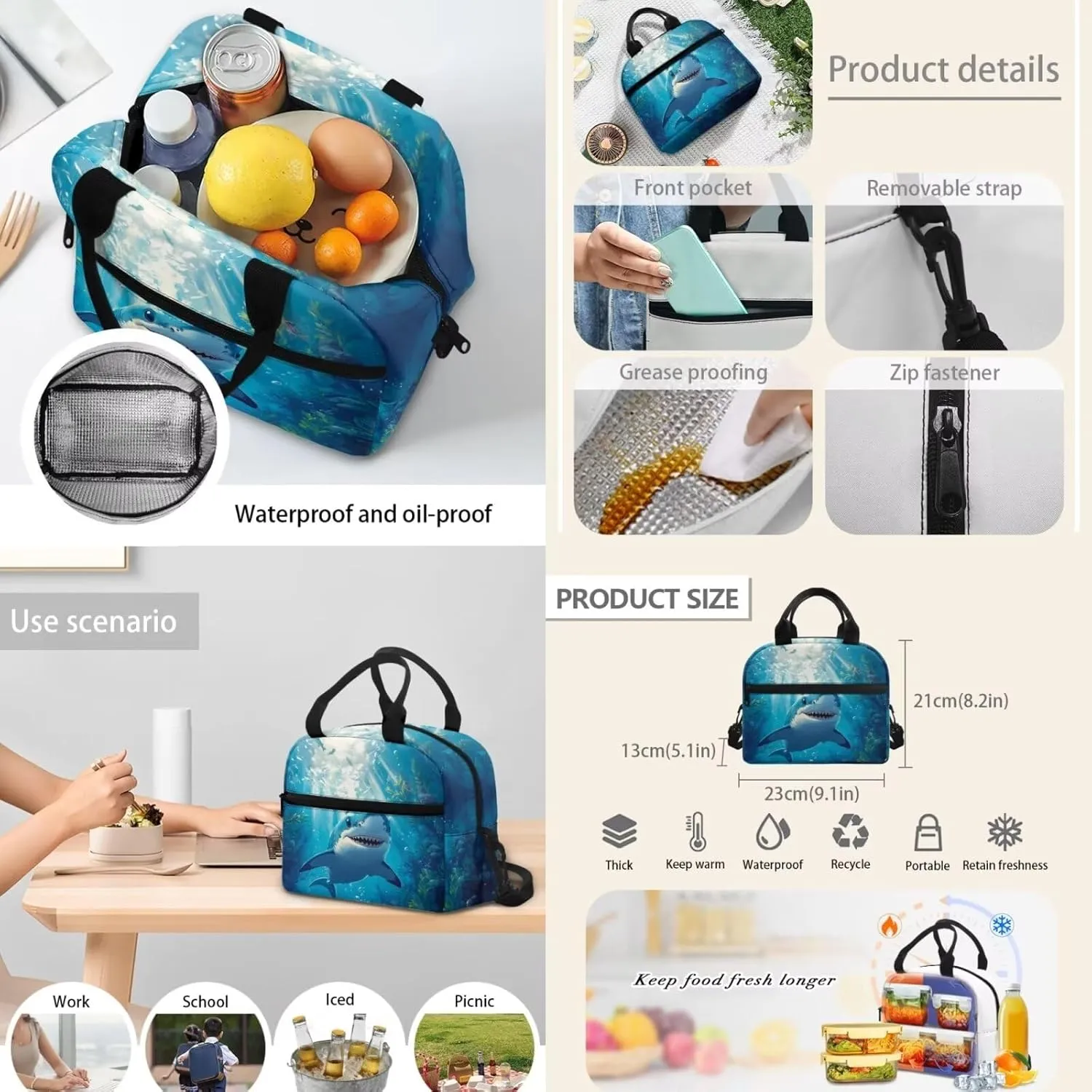 Kids Blue Shark Backpack Set 4Pcs with Lunch Bag Teenager Boys School Backpack Set with Insulated Water Bottle and Water Bottle Holder for Elementary Middle School Bag Satchel Rucksack