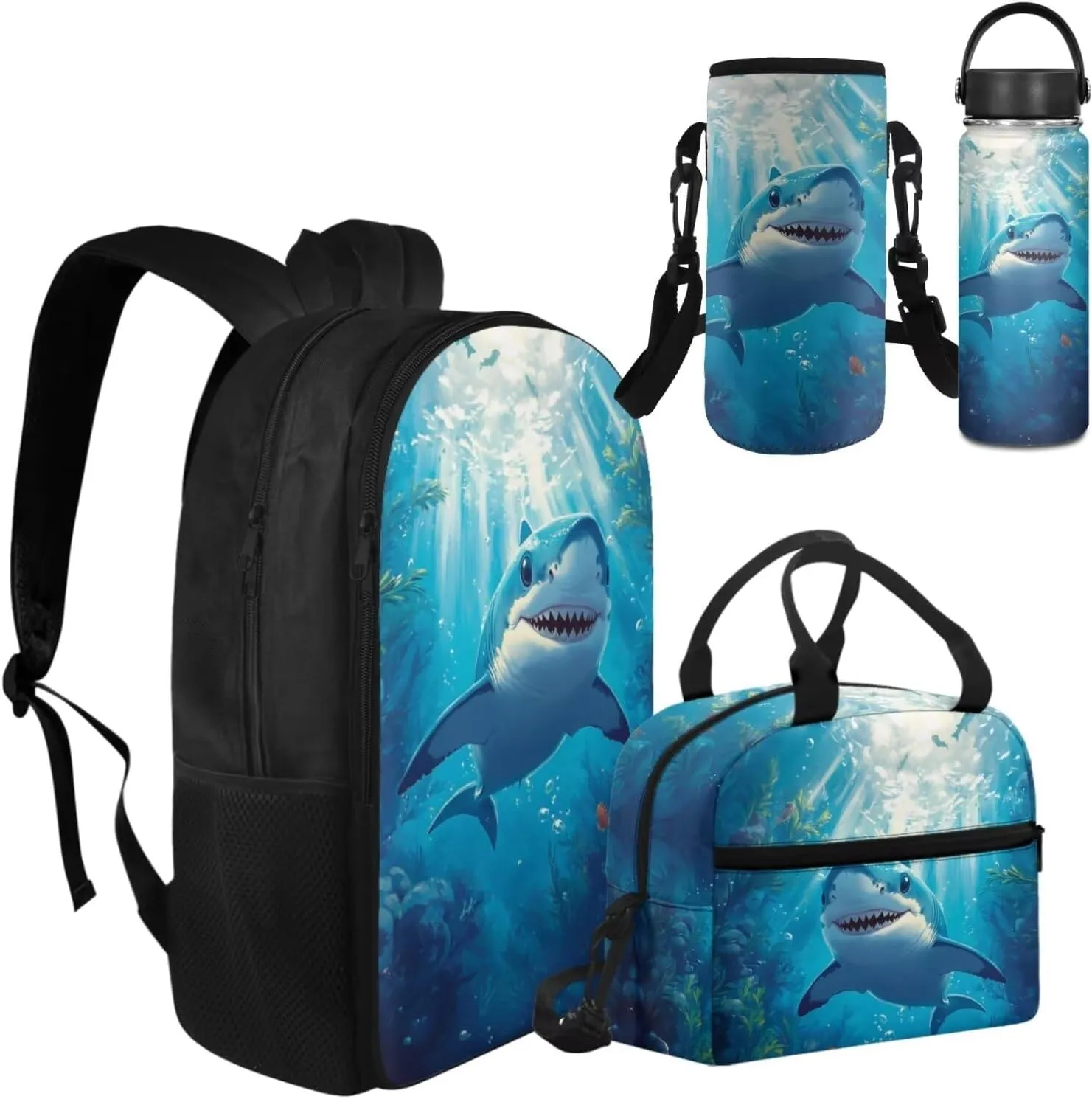 Kids Blue Shark Backpack Set 4Pcs with Lunch Bag Teenager Boys School Backpack Set with Insulated Water Bottle and Water Bottle Holder for Elementary Middle School Bag Satchel Rucksack