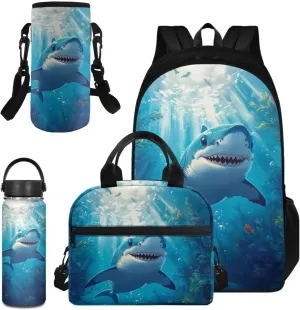 Kids Blue Shark Backpack Set 4Pcs with Lunch Bag Teenager Boys School Backpack Set with Insulated Water Bottle and Water Bottle Holder for Elementary Middle School Bag Satchel Rucksack