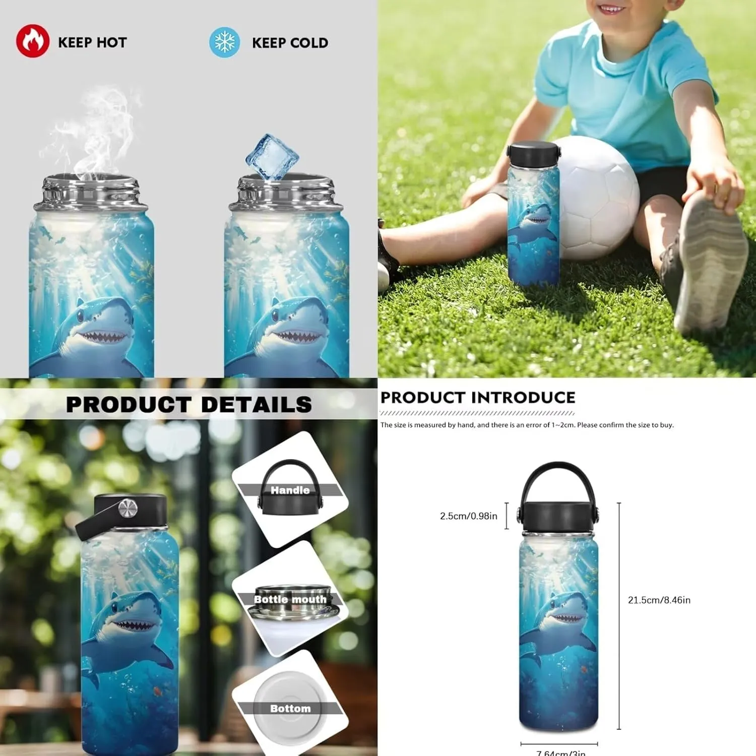 Kids Blue Shark Backpack Set 4Pcs with Lunch Bag Teenager Boys School Backpack Set with Insulated Water Bottle and Water Bottle Holder for Elementary Middle School Bag Satchel Rucksack