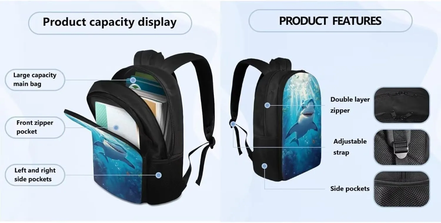 Kids Blue Shark Backpack Set 4Pcs with Lunch Bag Teenager Boys School Backpack Set with Insulated Water Bottle and Water Bottle Holder for Elementary Middle School Bag Satchel Rucksack