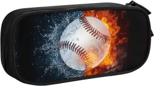 Kids Boys Pencil Box with Baseball & Water Fire Pattern Print, Sports-Themed Portable Pencil Case Storage Pouch with Zipper, Black Travel Stationery Bag Desk Organizer for School Office Supplies
