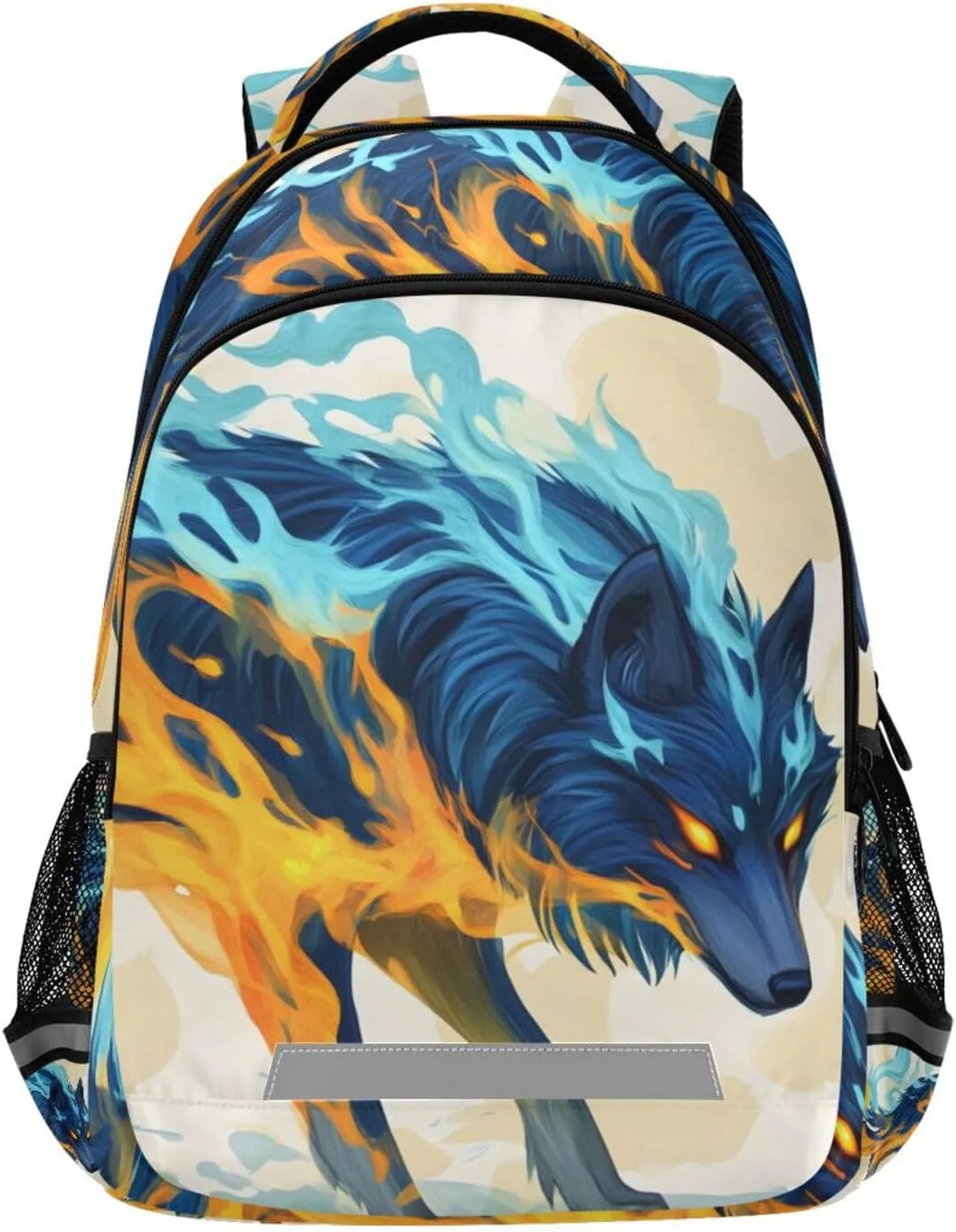 Kid's School Backpack-Blue Red Flaming Wolf for Boys Girls Ages 6-12, Lightweight Bookbag with Padded Straps Reflective Stripes Daypack for Travel Hiking Study