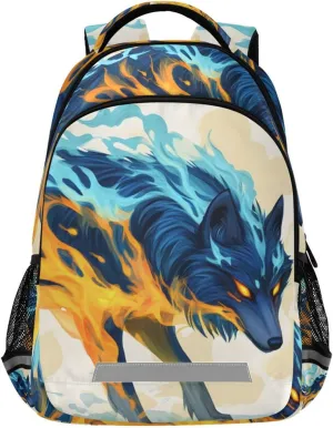 Kid's School Backpack-Blue Red Flaming Wolf for Boys Girls Ages 6-12, Lightweight Bookbag with Padded Straps Reflective Stripes Daypack for Travel Hiking Study