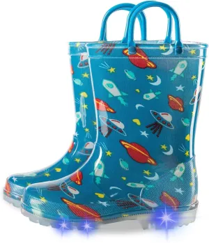 Kids Toddler Rain Boots for Boys Light Up Waterproof Rain Shoes with Easy On Handles, Outer Space Size 3