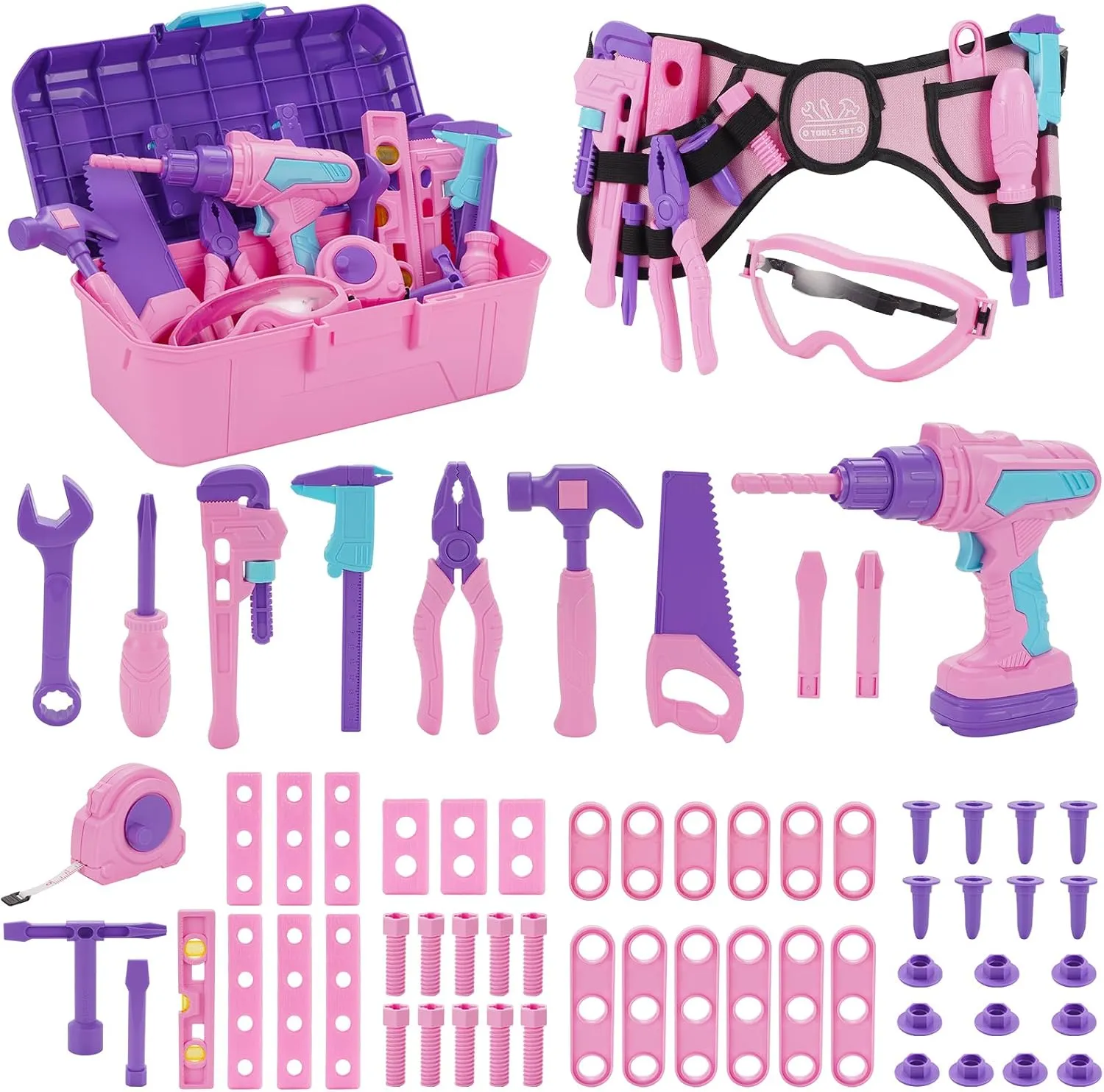 Kids Tool Set, 67 PCS Pink Kids Tool Box for Girls, Electronic Toy Drill&Tape Measure, Pretend Play Girls Toys Construction Tools Kit & Belt, Christmas Birthday Gift Ideas Toddler Tool Set Age 3 4 5 