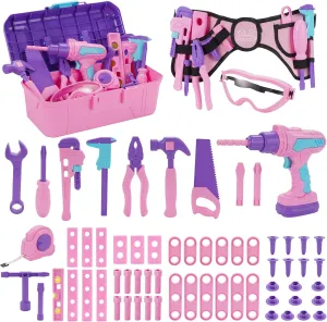 Kids Tool Set, 67 PCS Pink Kids Tool Box for Girls, Electronic Toy Drill&Tape Measure, Pretend Play Girls Toys Construction Tools Kit & Belt, Christmas Birthday Gift Ideas Toddler Tool Set Age 3 4 5 