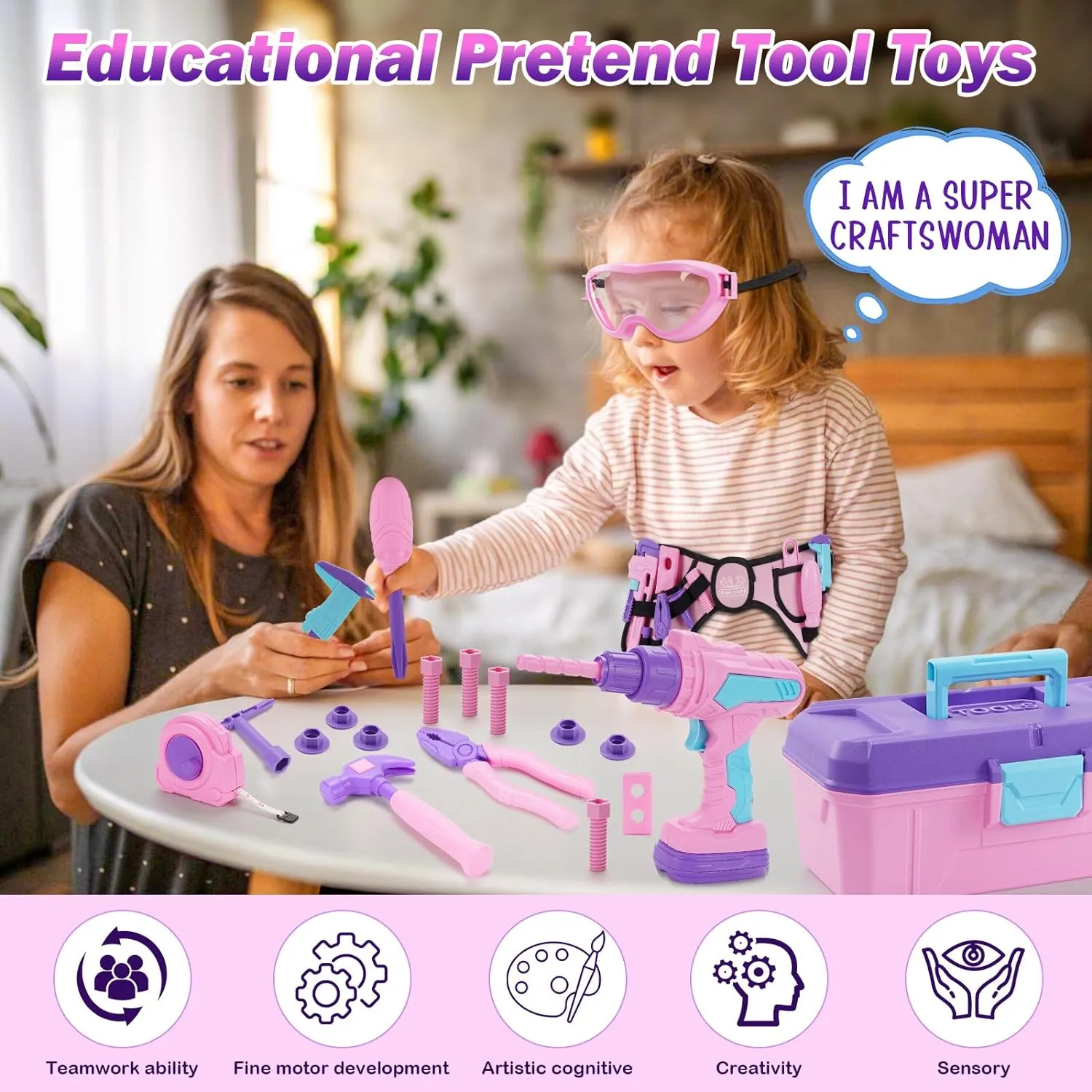 Kids Tool Set, 67 PCS Pink Kids Tool Box for Girls, Electronic Toy Drill&Tape Measure, Pretend Play Girls Toys Construction Tools Kit & Belt, Christmas Birthday Gift Ideas Toddler Tool Set Age 3 4 5 