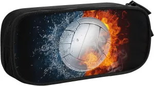 Kids Volleyball Pencil Case with Fire Basketball Print, Big Capacity Black Sports-Themed Pencil Pouch Stationery Bag with Zipper Portable Travel Storage Box Desk Pen Bag for Boys Girls