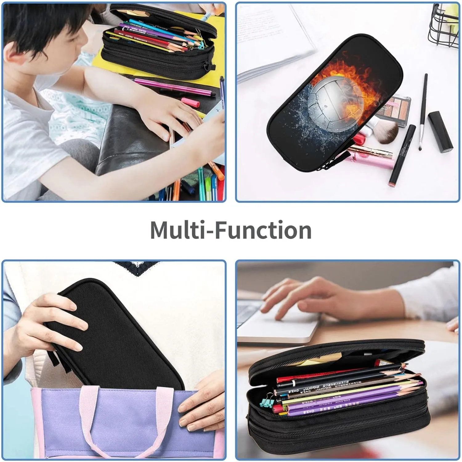 Kids Volleyball Pencil Case with Fire Basketball Print, Big Capacity Black Sports-Themed Pencil Pouch Stationery Bag with Zipper Portable Travel Storage Box Desk Pen Bag for Boys Girls