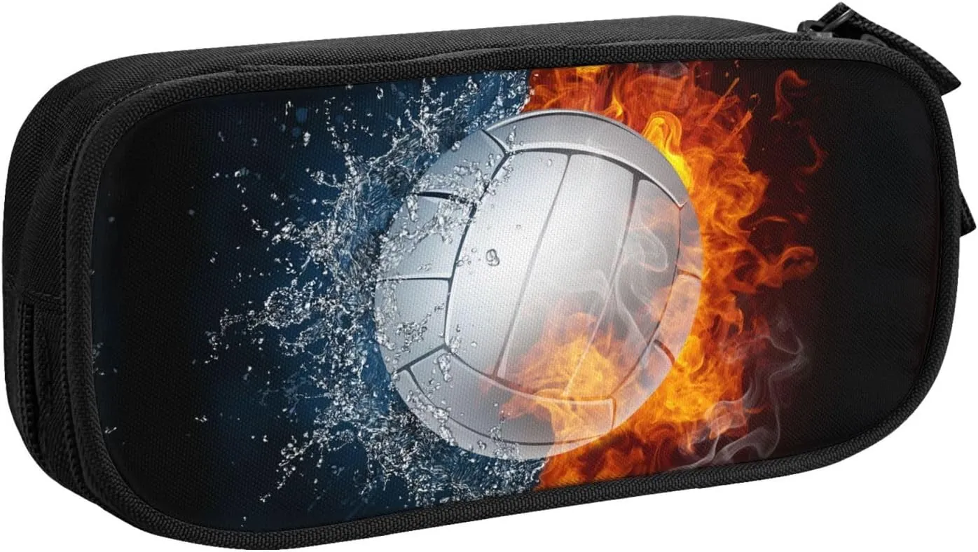 Kids Volleyball Pencil Case with Fire Basketball Print, Big Capacity Black Sports-Themed Pencil Pouch Stationery Bag with Zipper Portable Travel Storage Box Desk Pen Bag for Boys Girls