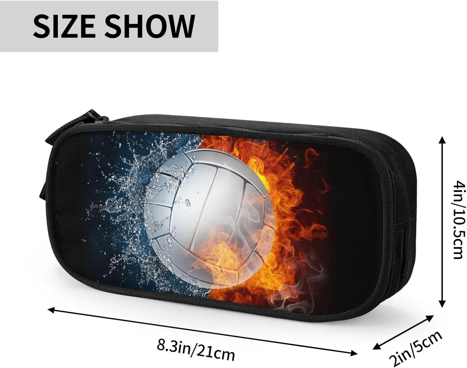 Kids Volleyball Pencil Case with Fire Basketball Print, Big Capacity Black Sports-Themed Pencil Pouch Stationery Bag with Zipper Portable Travel Storage Box Desk Pen Bag for Boys Girls