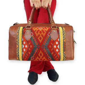 Kilim Carpet Travel Bag - Genuine Leather Duffle Bag | Moroccan Weekender Bag with Adjustable Strap | Unique Bohemian Design, Carry-On Friendly (Medium)