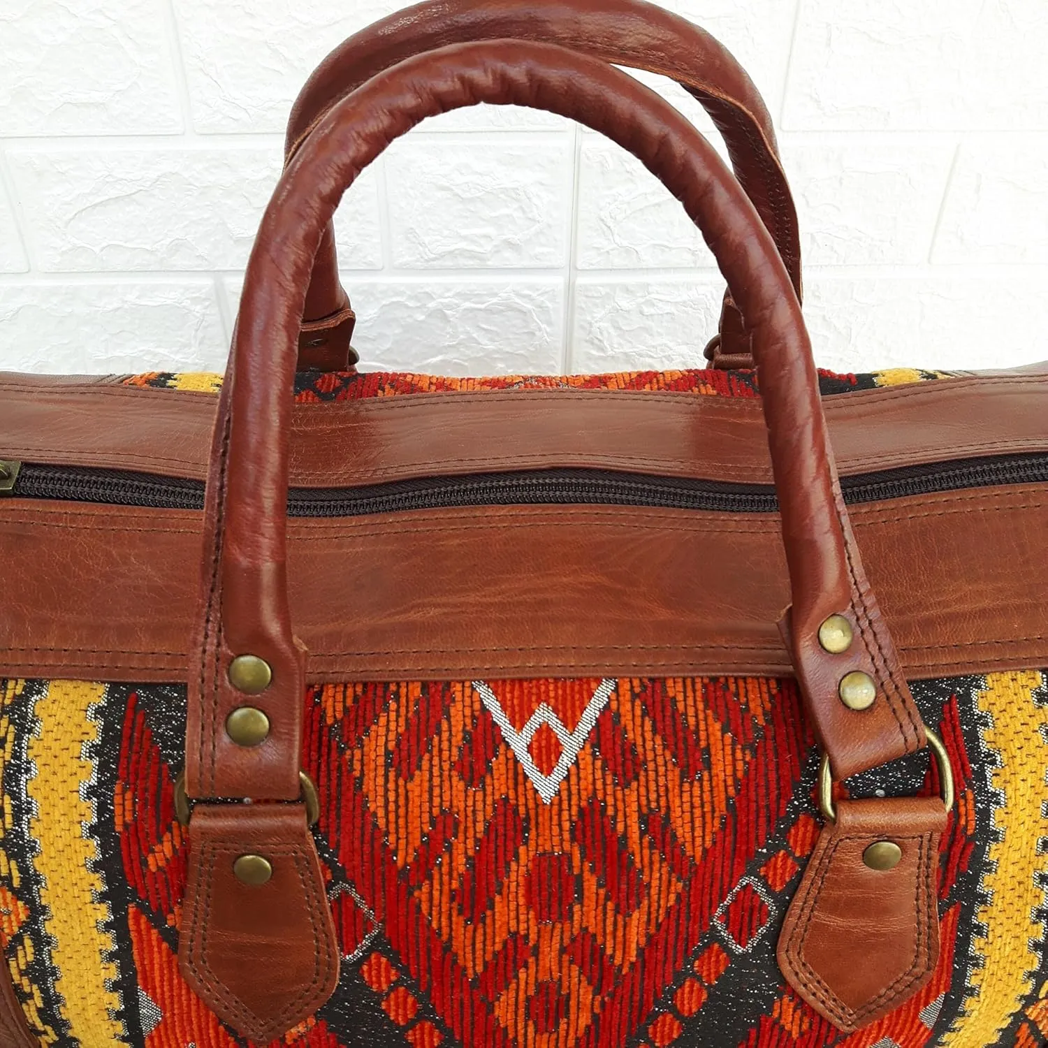 Kilim Carpet Travel Bag - Genuine Leather Duffle Bag | Moroccan Weekender Bag with Adjustable Strap | Unique Bohemian Design, Carry-On Friendly (Medium)