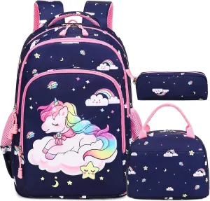 Kimwadalh Girls Backpack with Lunch Box Pencil Case for Elementary School, 3 in 1 Schoolbag with Chest Strap for School Girls