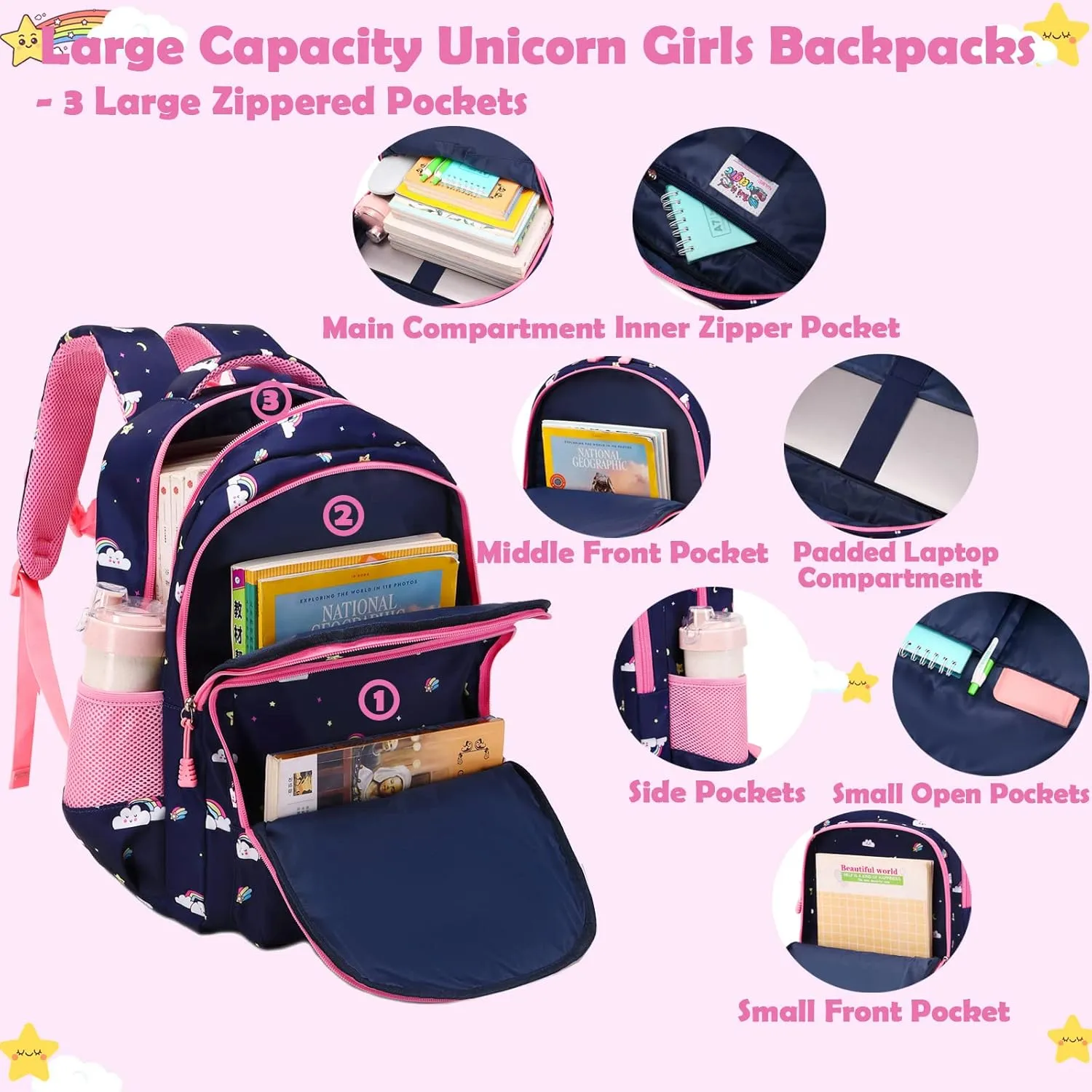 Kimwadalh Girls Backpack with Lunch Box Pencil Case for Elementary School, 3 in 1 Schoolbag with Chest Strap for School Girls