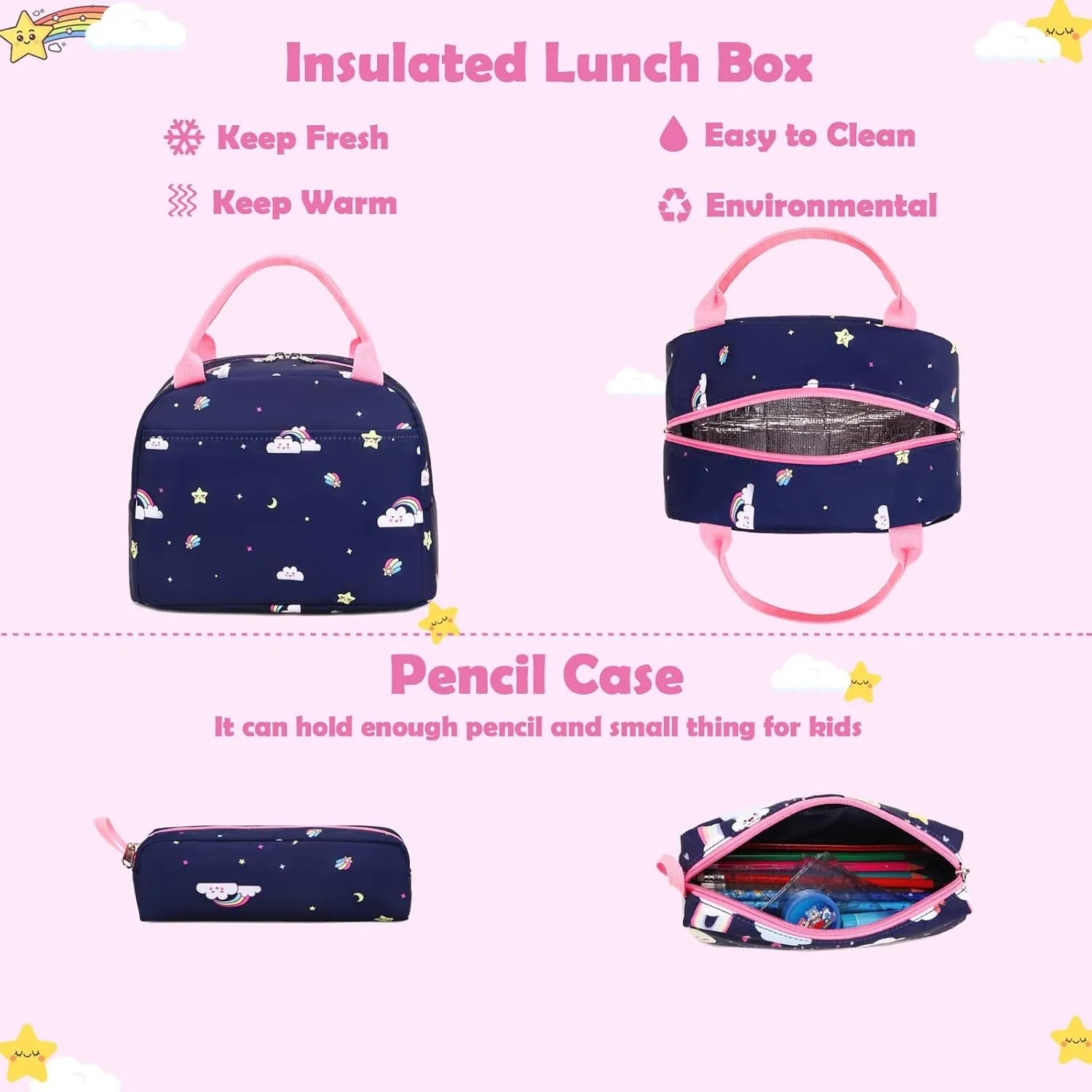 Kimwadalh Girls Backpack with Lunch Box Pencil Case for Elementary School, 3 in 1 Schoolbag with Chest Strap for School Girls