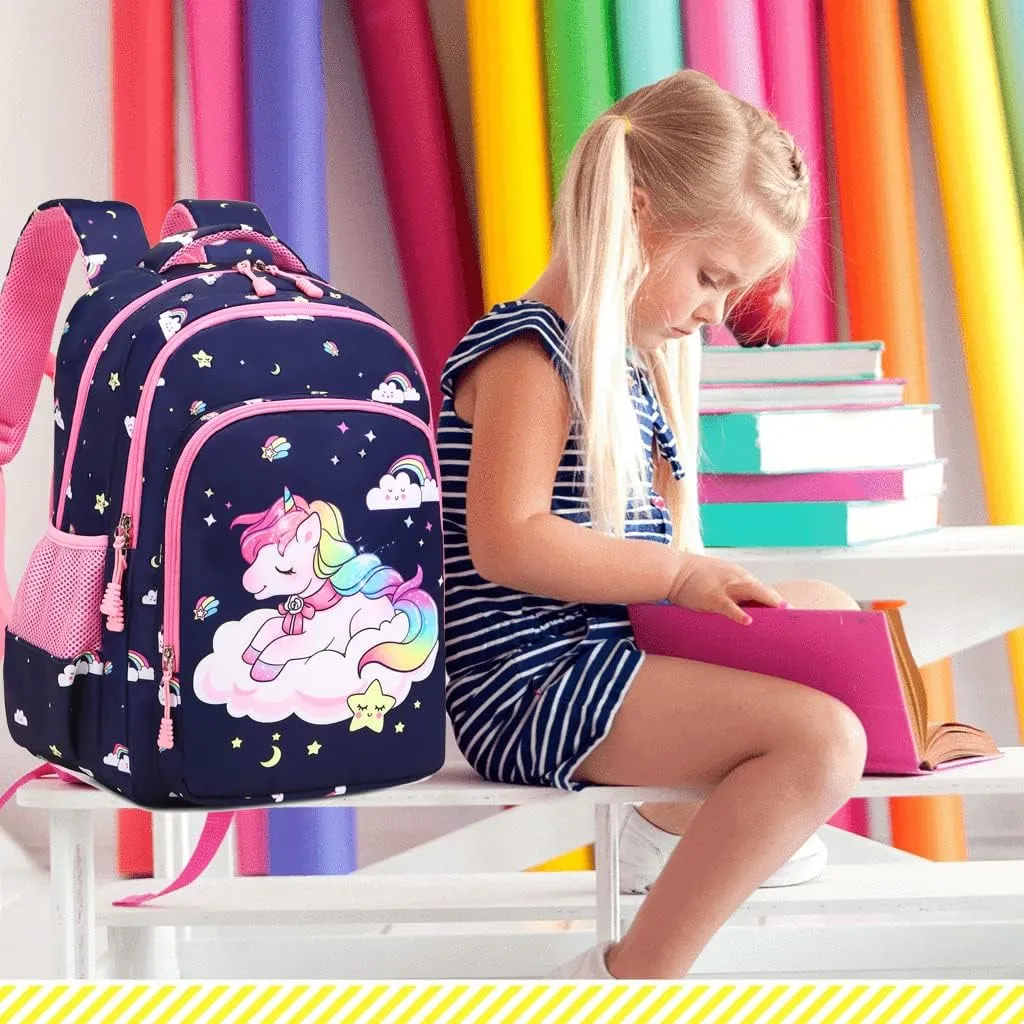 Kimwadalh Girls Backpack with Lunch Box Pencil Case for Elementary School, 3 in 1 Schoolbag with Chest Strap for School Girls