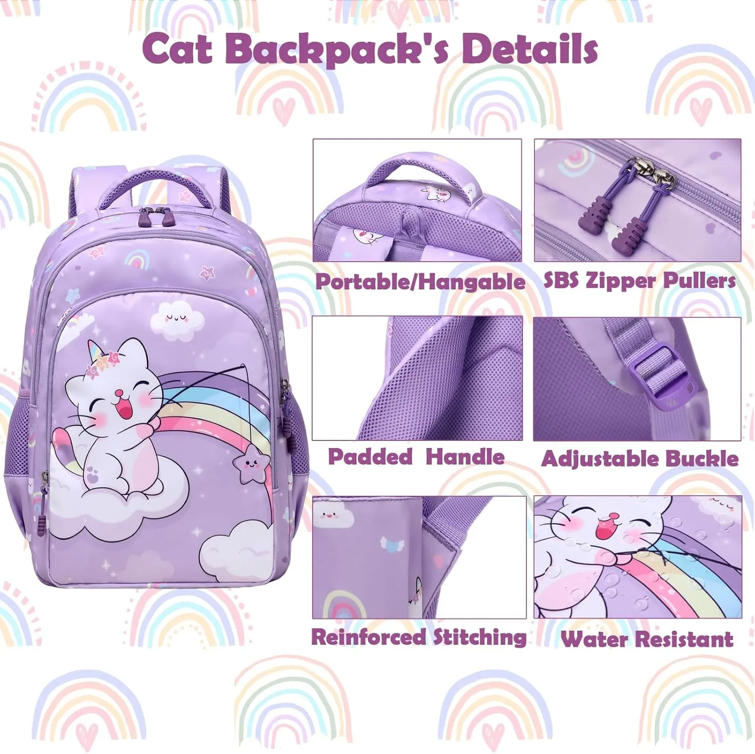 Kimwadalh Girls Backpack with Lunch Box Pencil Case for Elementary School, 3 in 1 Schoolbag with Chest Strap for School Girls
