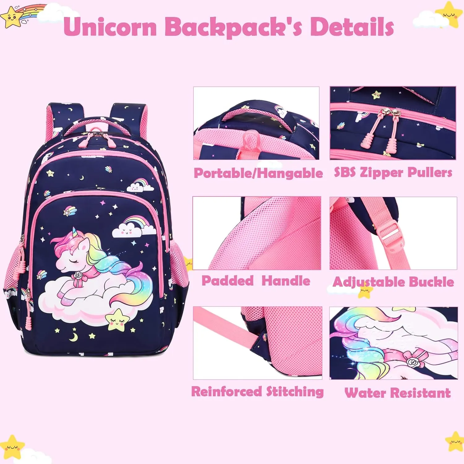 Kimwadalh Girls Backpack with Lunch Box Pencil Case for Elementary School, 3 in 1 Schoolbag with Chest Strap for School Girls