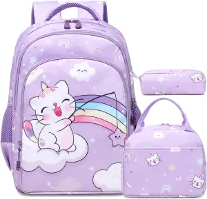 Kimwadalh Girls Backpack with Lunch Box Pencil Case for Elementary School, 3 in 1 Schoolbag with Chest Strap for School Girls