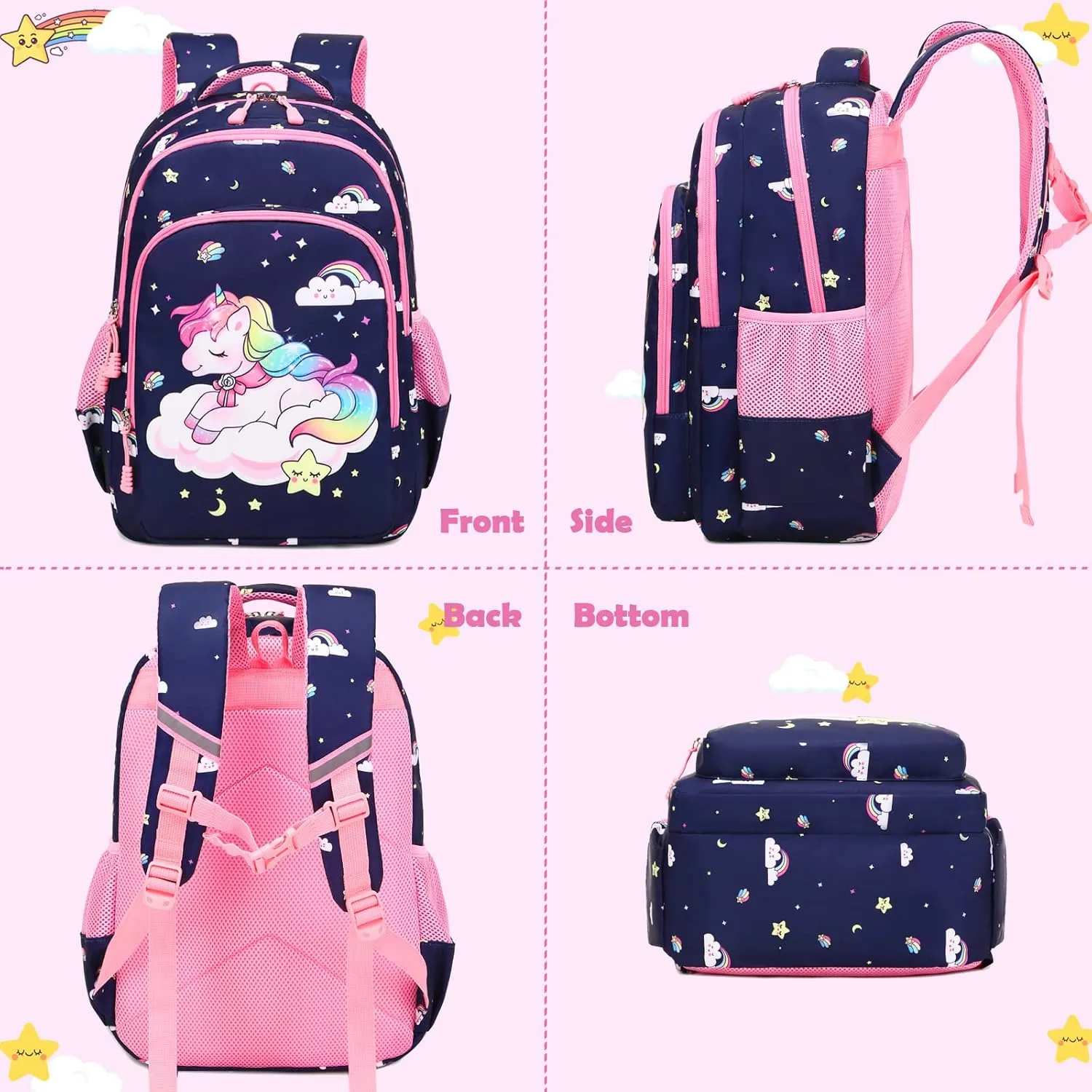 Kimwadalh Girls Backpack with Lunch Box Pencil Case for Elementary School, 3 in 1 Schoolbag with Chest Strap for School Girls