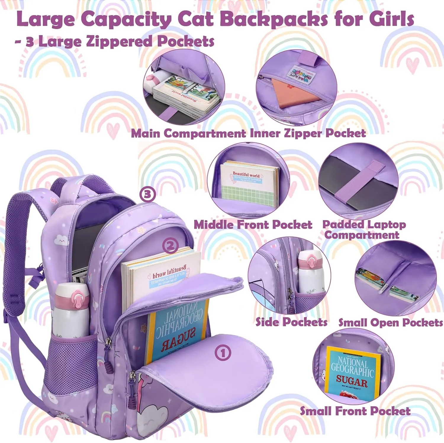 Kimwadalh Girls Backpack with Lunch Box Pencil Case for Elementary School, 3 in 1 Schoolbag with Chest Strap for School Girls