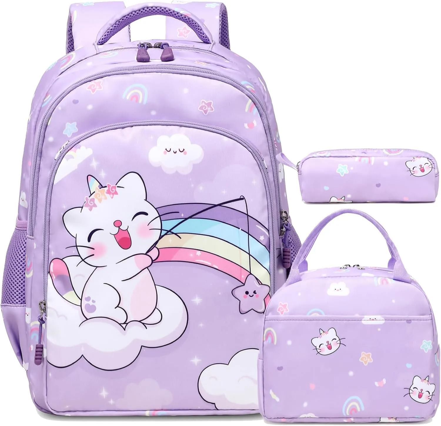 Kimwadalh Girls Backpack with Lunch Box Pencil Case for Elementary School, 3 in 1 Schoolbag with Chest Strap for School Girls