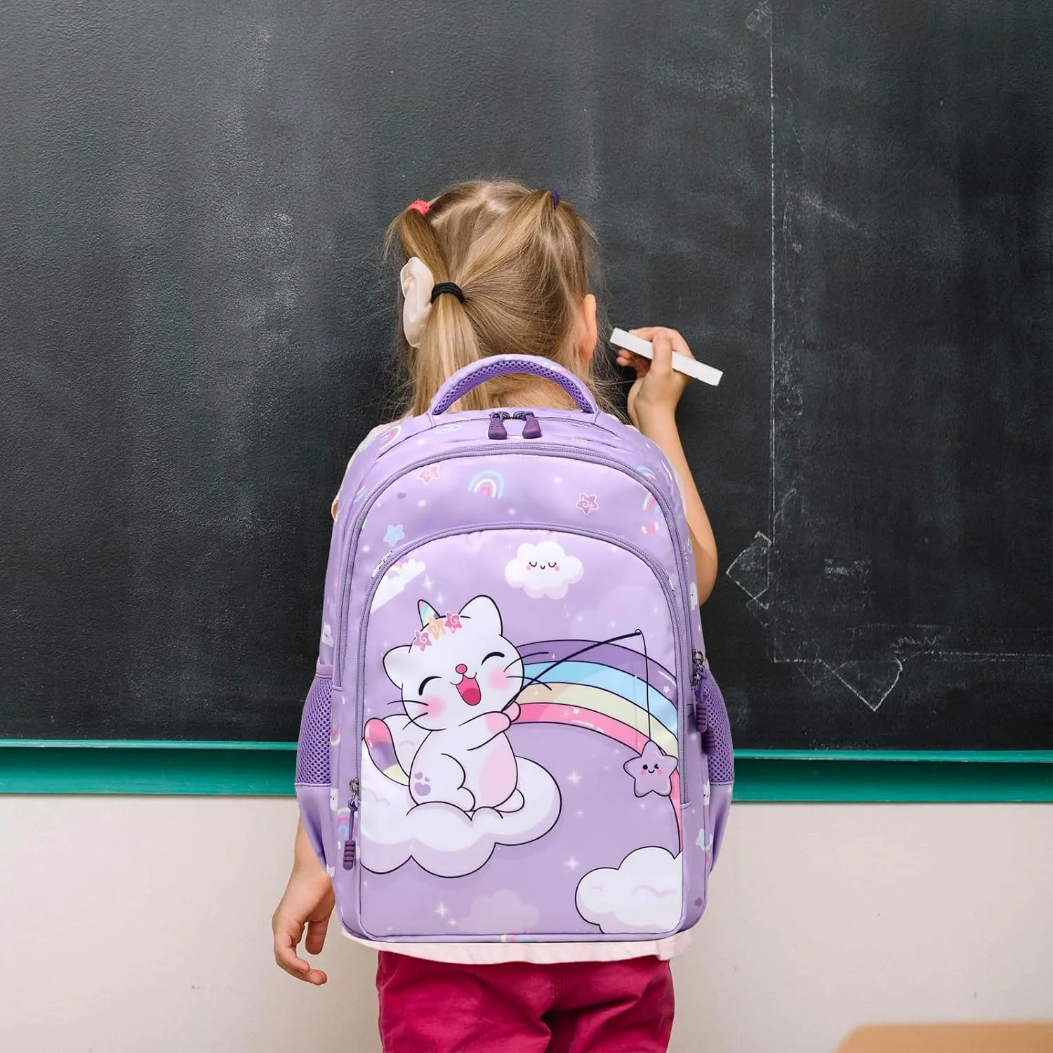 Kimwadalh Girls Backpack with Lunch Box Pencil Case for Elementary School, 3 in 1 Schoolbag with Chest Strap for School Girls
