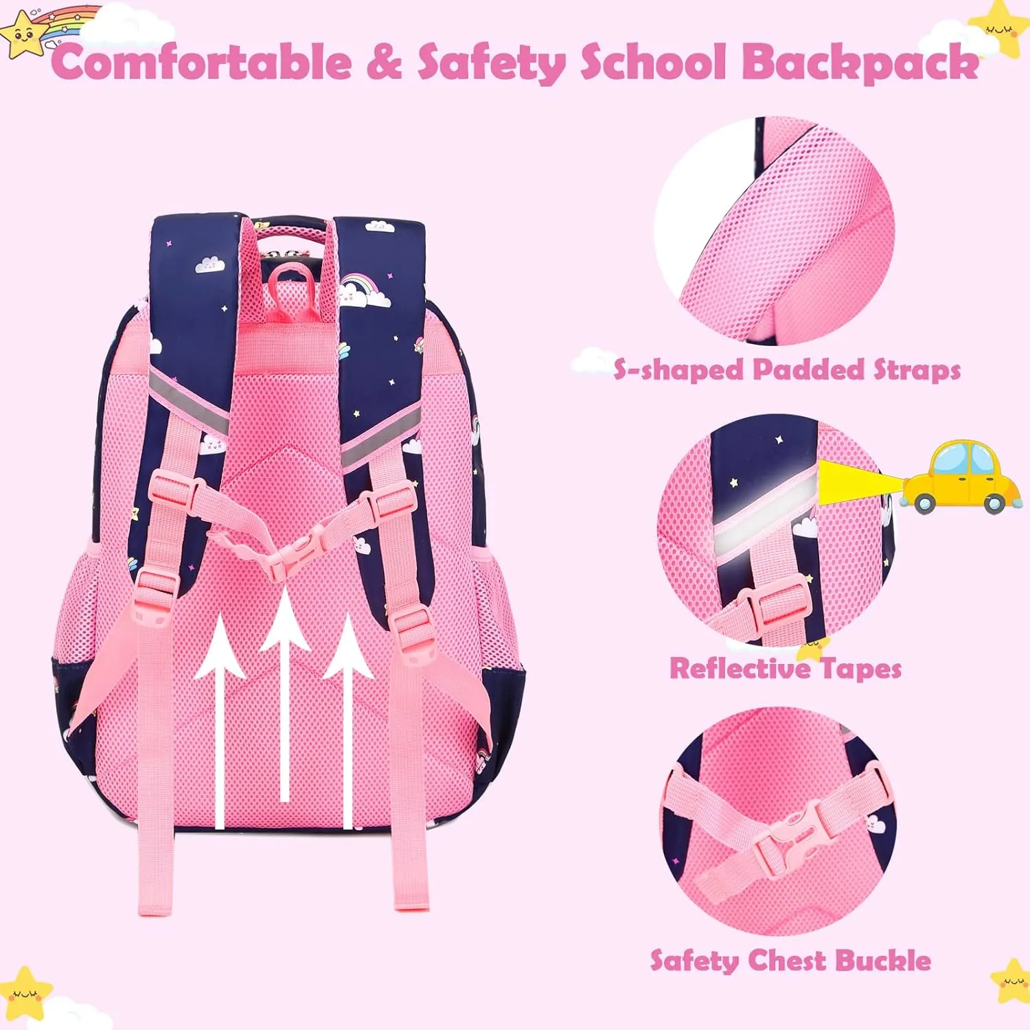 Kimwadalh Girls Backpack with Lunch Box Pencil Case for Elementary School, 3 in 1 Schoolbag with Chest Strap for School Girls