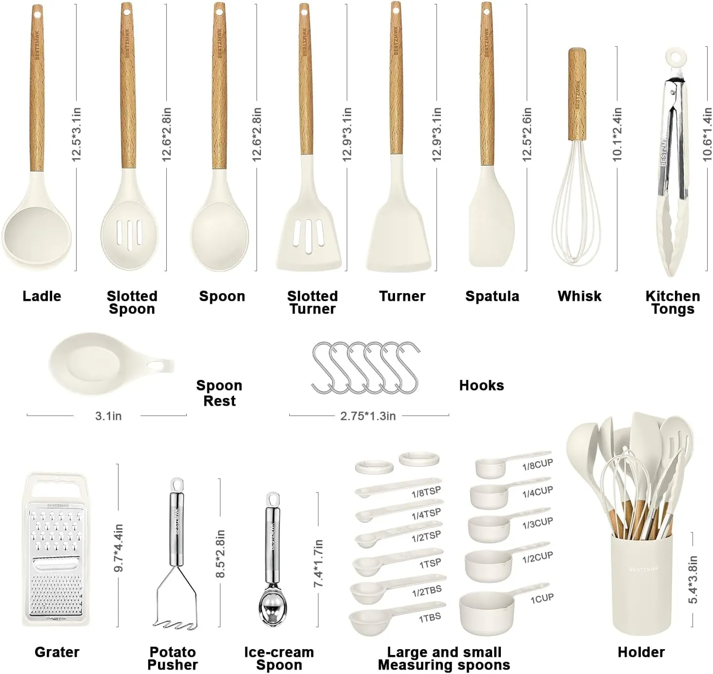 Kitchen Cooking Utensils Set,29 pcs Non-Stick Silicone Cooking Kitchen Utensils Set with Holder, Wooden Handle Silicone Kitchen Gadgets Utensil Set Spatula Turner Spoon Tongs Whisk (White)