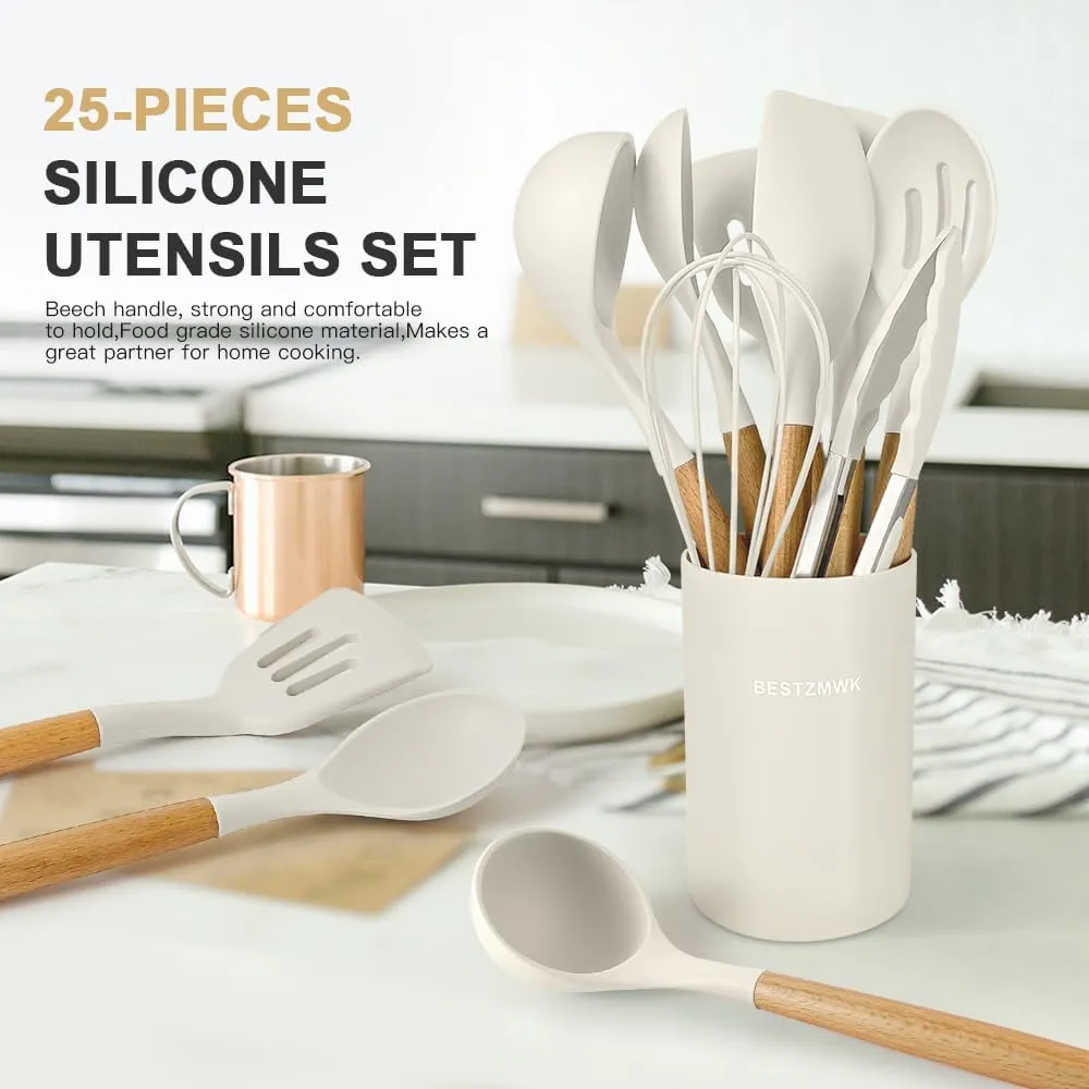 Kitchen Cooking Utensils Set,29 pcs Non-Stick Silicone Cooking Kitchen Utensils Set with Holder, Wooden Handle Silicone Kitchen Gadgets Utensil Set Spatula Turner Spoon Tongs Whisk (White)