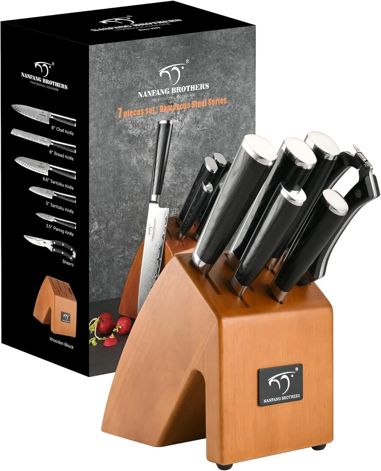 Knife Sets for Kitchen with Block, 7 Pieces Damascus Knife Set, VG10 Steel with Micarta Handle, Chef Knife Set and Kitchen Shear