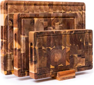 KOLWOVEN Acacia Wood Cutting Boards Set for Kitchen Set of 3 1.5 Inch Thick - Large Wooden Cutting Boards with Holder for Chopping Meat, Cheese, Fruits, and Vegetables (17x12, 12x10, 12x7 inch)