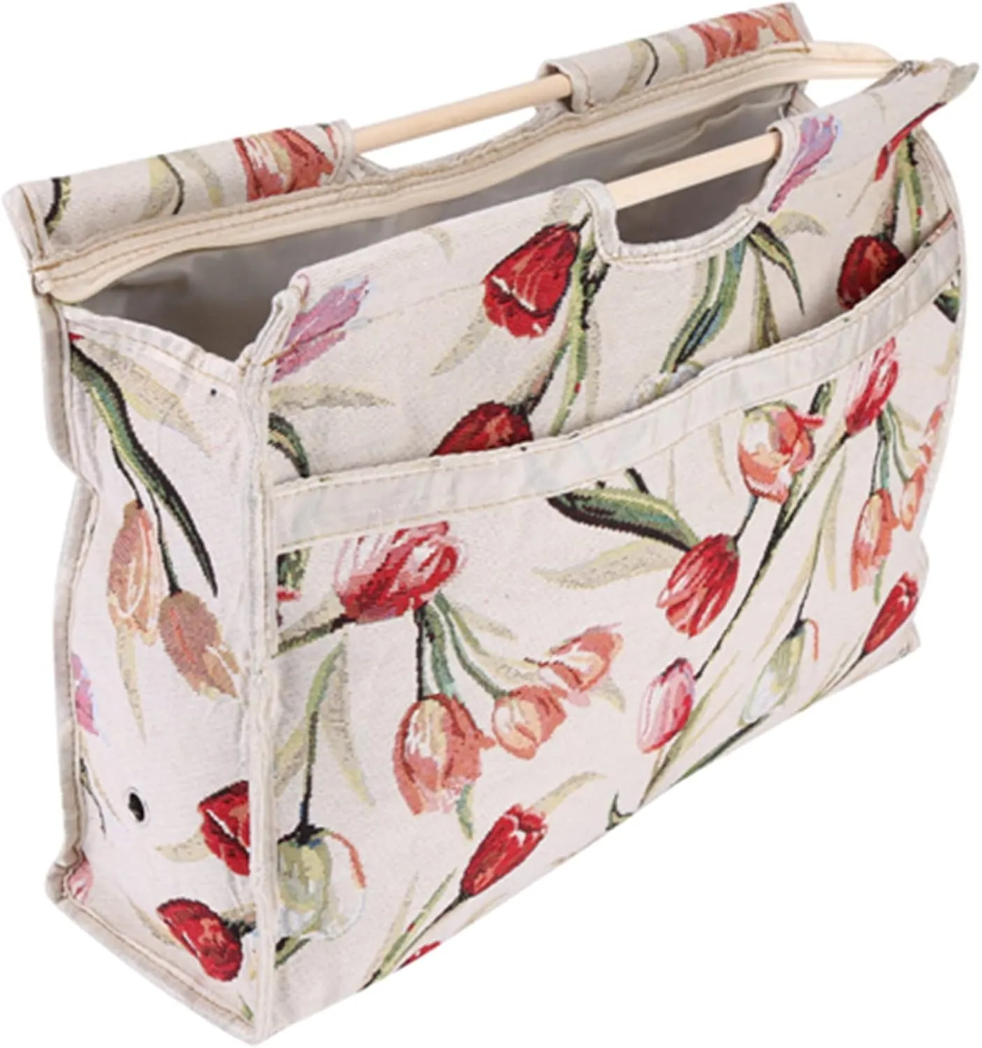 KooingTech Yarn Bag, Knitting Bag, Crochet Project Bag with Wood Handle, Foldable Knitting Project Bag, Tulip Pattern Knitting Tote Bag for Yarn Supplies 16.5 x 11.8 x 4.3 Inch (Rose Jacquard)