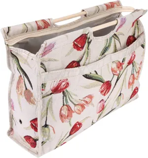 KooingTech Yarn Bag, Knitting Bag, Crochet Project Bag with Wood Handle, Foldable Knitting Project Bag, Tulip Pattern Knitting Tote Bag for Yarn Supplies 16.5 x 11.8 x 4.3 Inch (Rose Jacquard)