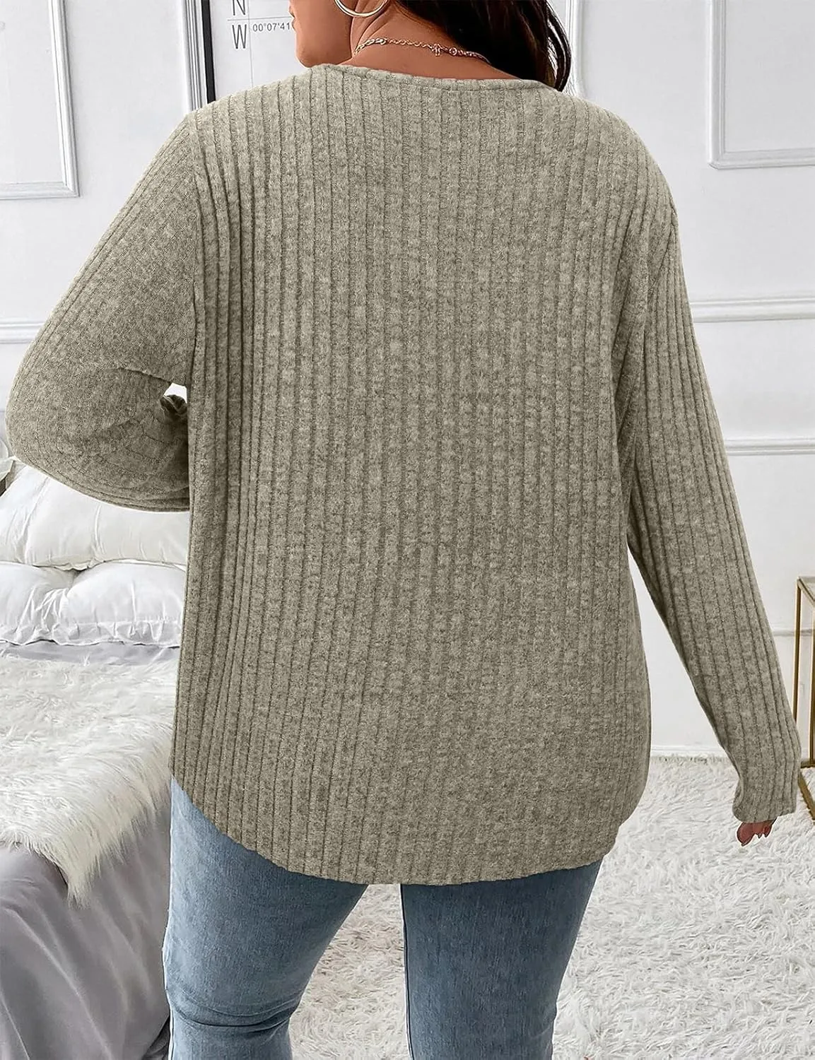 Koscacy Women Plus Size Casual Knit Sweater with Pocket V Neck Solid Color Tops Lightweight Long Sleeve Blouses