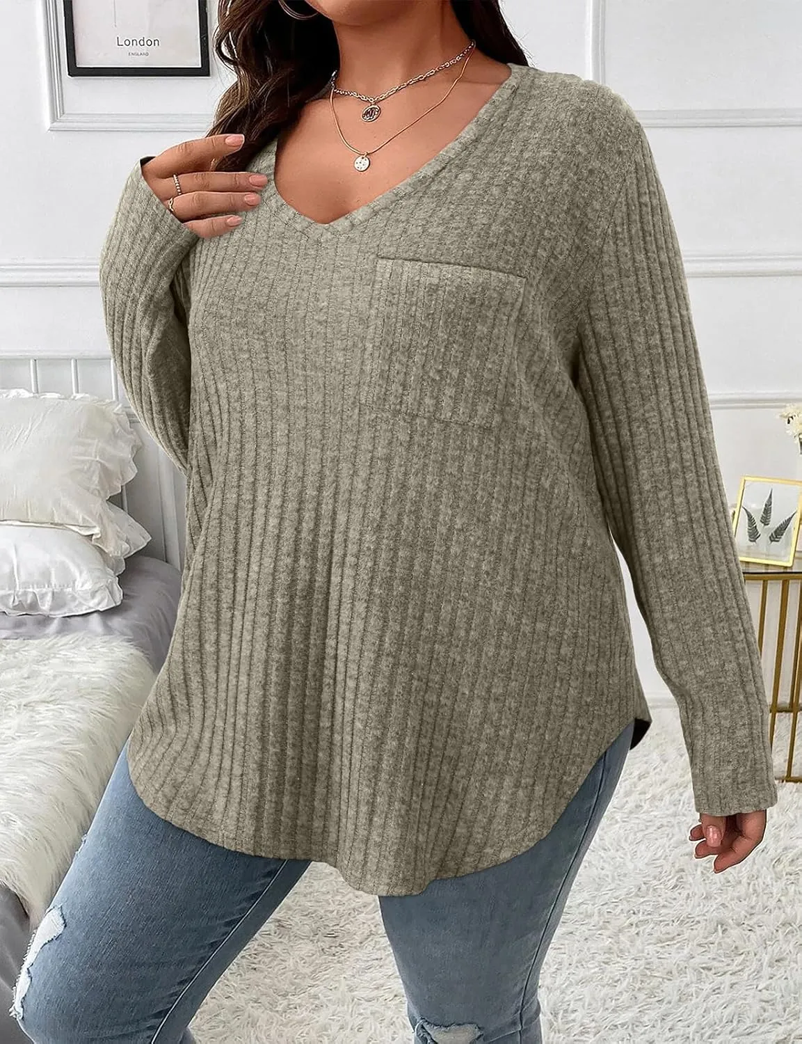 Koscacy Women Plus Size Casual Knit Sweater with Pocket V Neck Solid Color Tops Lightweight Long Sleeve Blouses