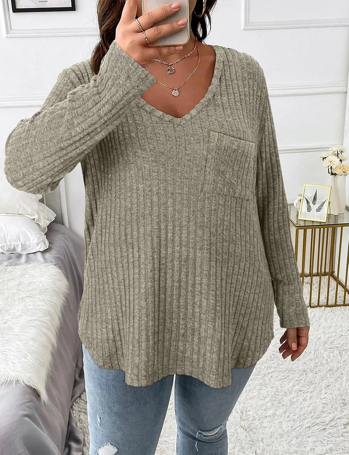 Koscacy Women Plus Size Casual Knit Sweater with Pocket V Neck Solid Color Tops Lightweight Long Sleeve Blouses