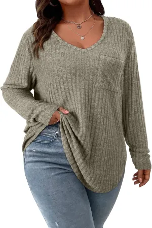 Koscacy Women Plus Size Casual Knit Sweater with Pocket V Neck Solid Color Tops Lightweight Long Sleeve Blouses